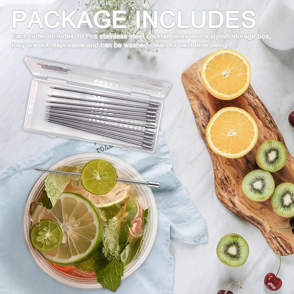 Cocktail Picks for Drinks, Stainless Steel Cocktail Toothpicks, Metal Martini Picks for Olives Appetizers Fruit Toothpicks, 10 PCS