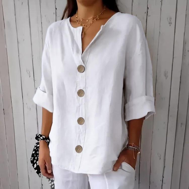 Women's Loose Cotton Linen V-neck Button Down T-shirt Summer Blouses New Shirts