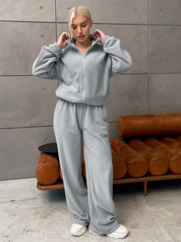 European and American casual women's fleece set thick solid color long-sleeved zipper cardigan elastic wide-leg pants two-piece set