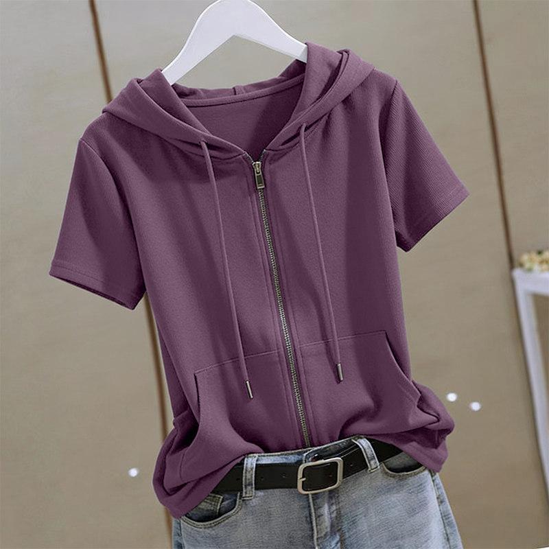 Felpa con cappuccio e zip a maniche corte da donna, magliette casual con coulisse e tasca, felpa leggera estiva, abbigliamento