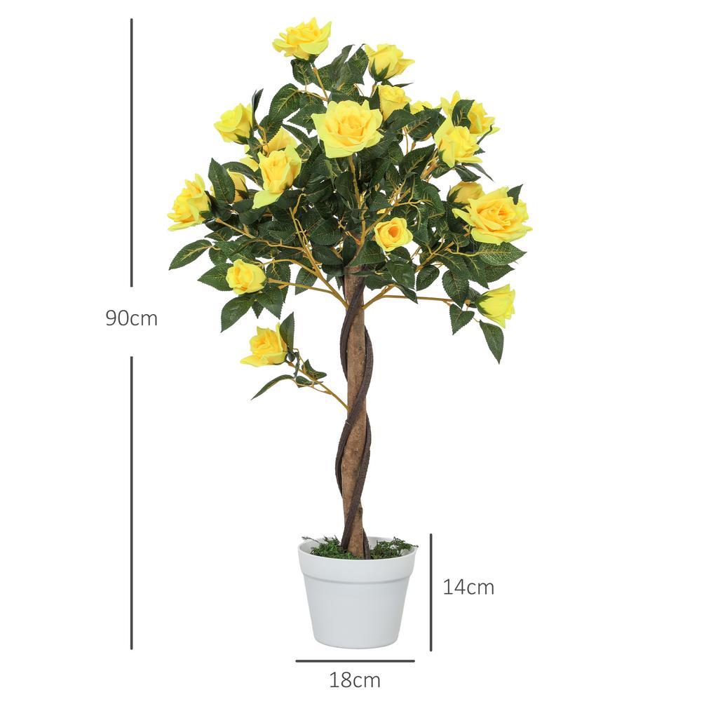 Set of 2 Artificial Plants White Rose Floral in Pot, Fake Plants for Home Indoor Decor, 90cm, Yellow