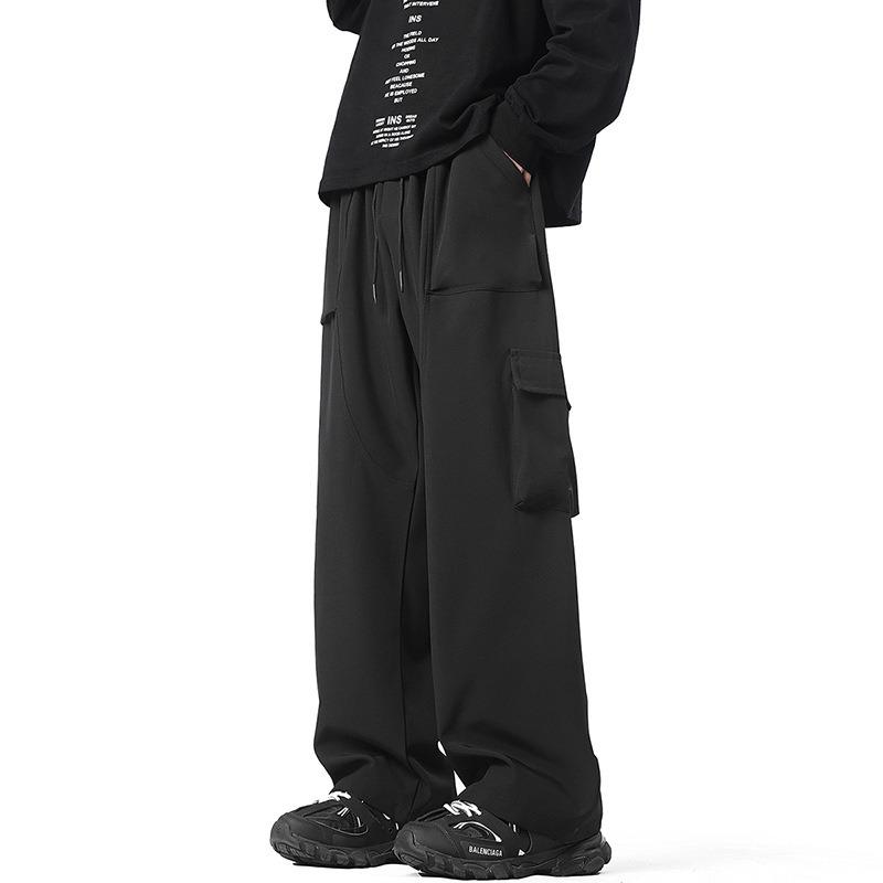 Men Drawstring Elastic Waist Multi Flap Pocket Wide Leg Cargo Casual Pants S чёрный