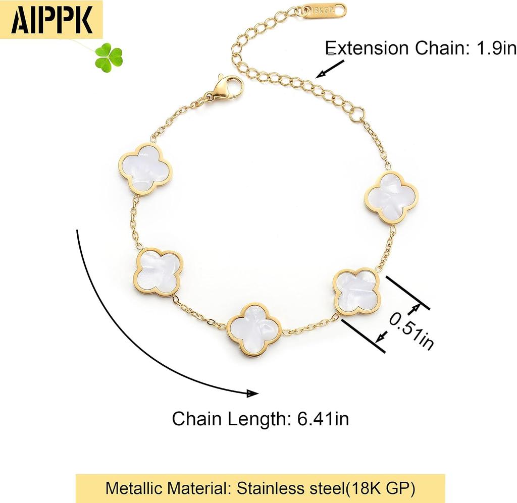 AIPPK 18K Gold Plated Clover Lucky Bracelet for Women White/Black/Red/Green Flower Four Leaf Link Bracelets Trendy Jewelry Gifts for Women