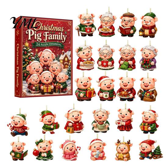 Family Christmas Tree Decor Piggy Advent Calendar, 2D Flat Acrylic 24 Days Hanging Blind Box Ornaments, Decorative Countdown Gift for Holiday