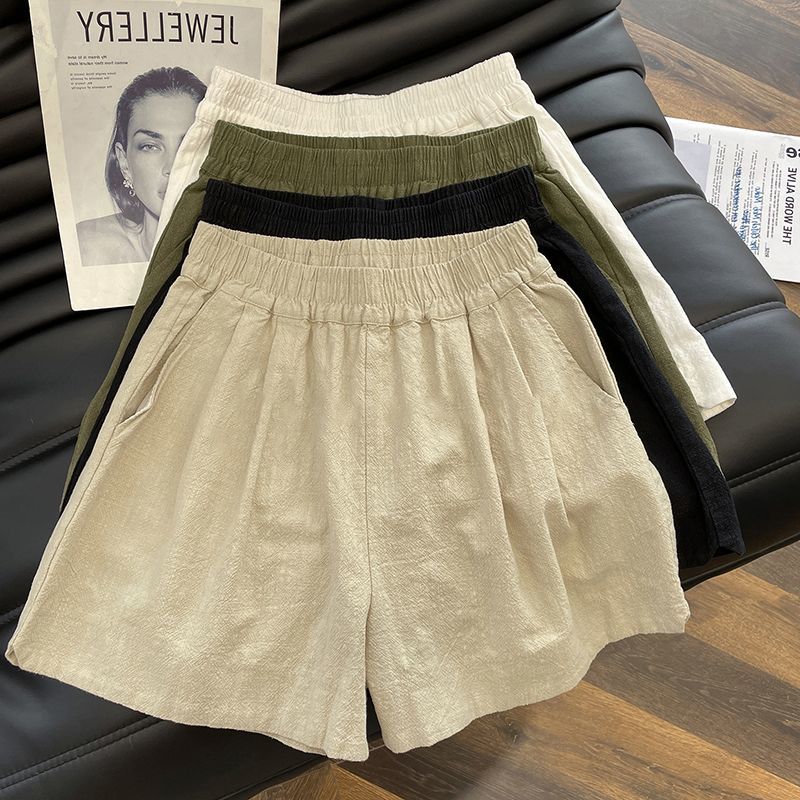 Women Linen Blend Elastic Waist Wide Leg Shorts Casual Summer Bottoms