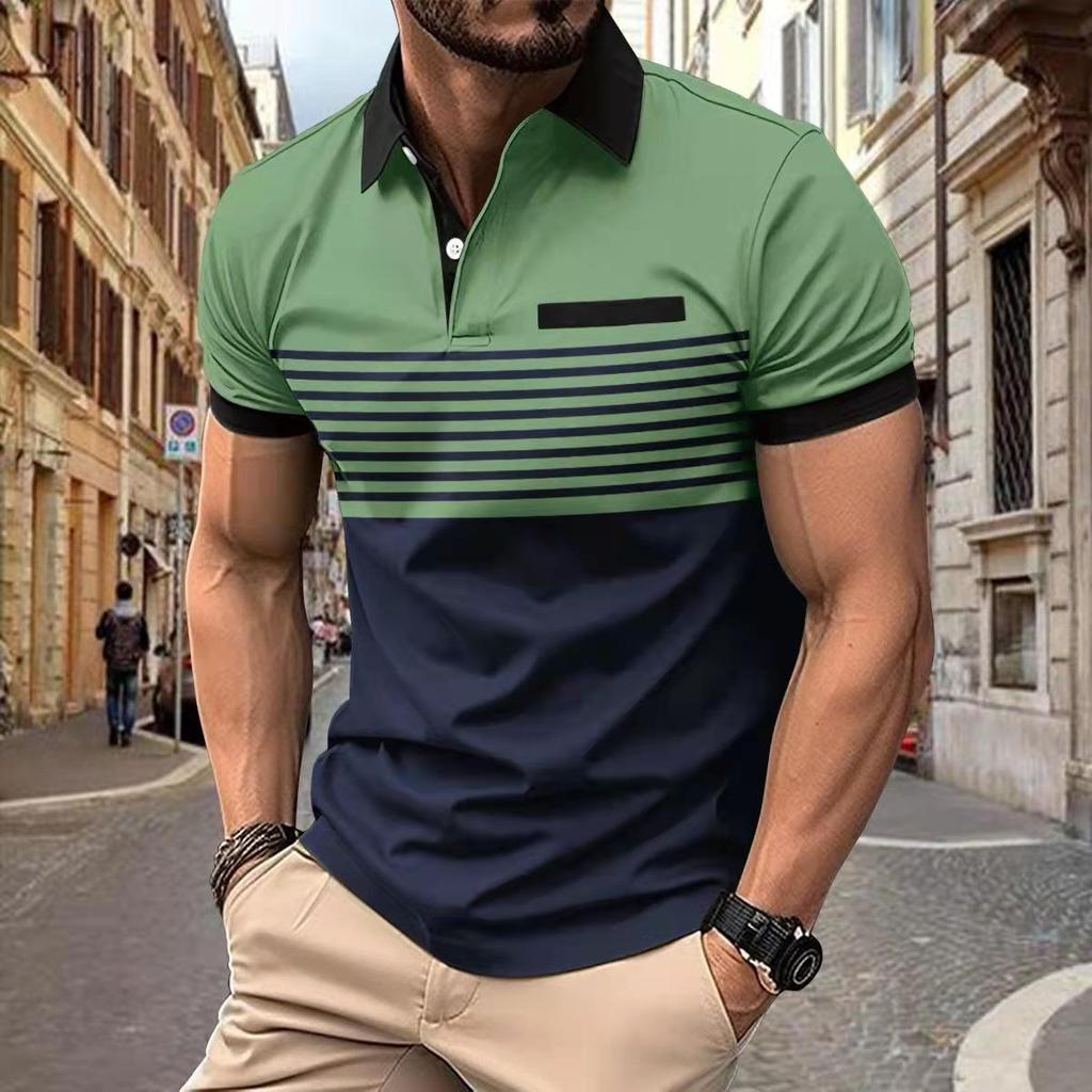 2024 Men's Striped Casual Polo Shirt with Button Lapel and Short Sleeves