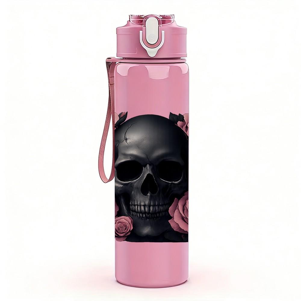 1PC Black Skull Pink Rose Floral Print 750ml Color Plastic Sports Water Bottle Leakproof Flip Straw Lid Suitable for Sports Office Home Use