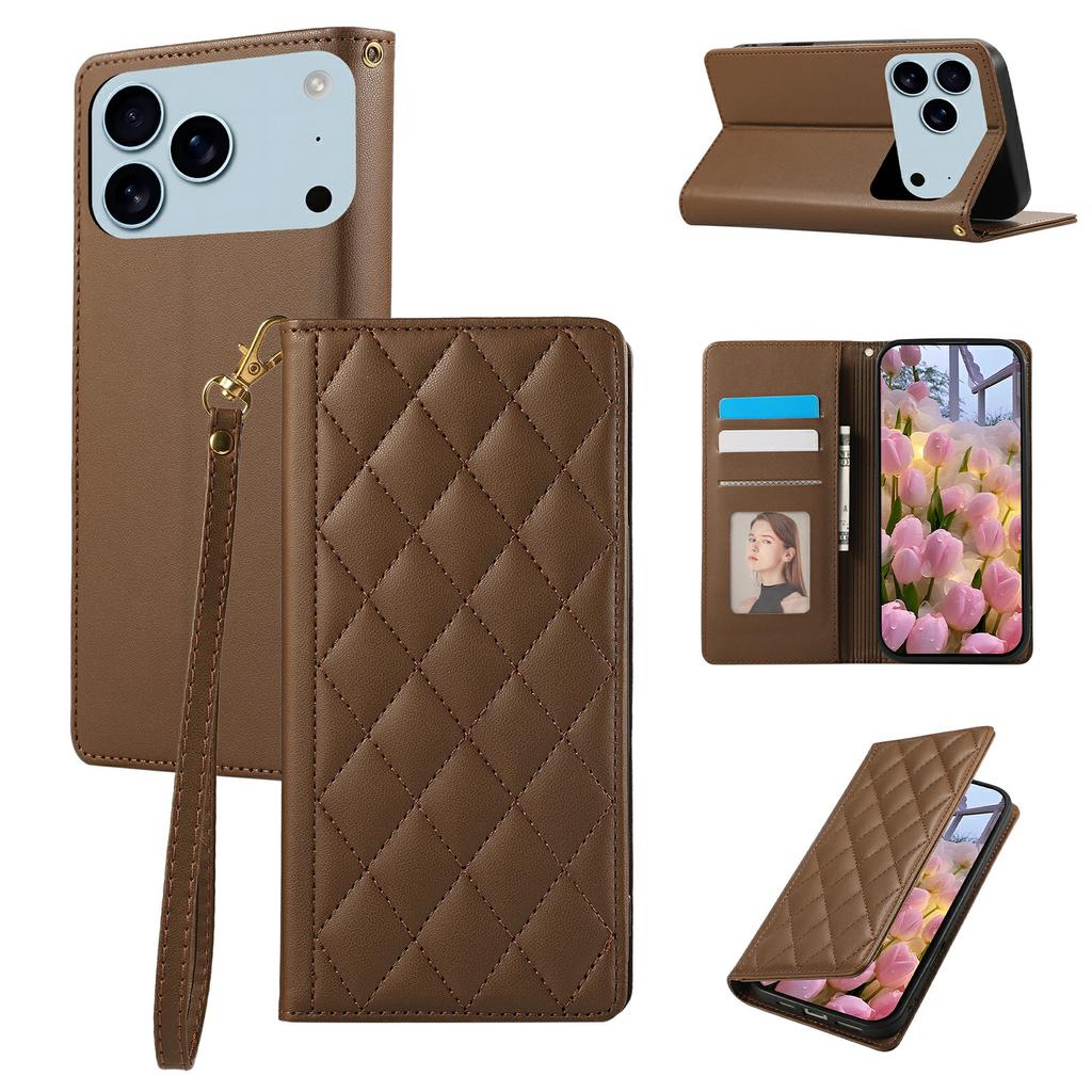 For iPhone 17 Pro Case RFID Blocking Wallet Stand Rhombus Leather Phone Cover with Wrist Strap