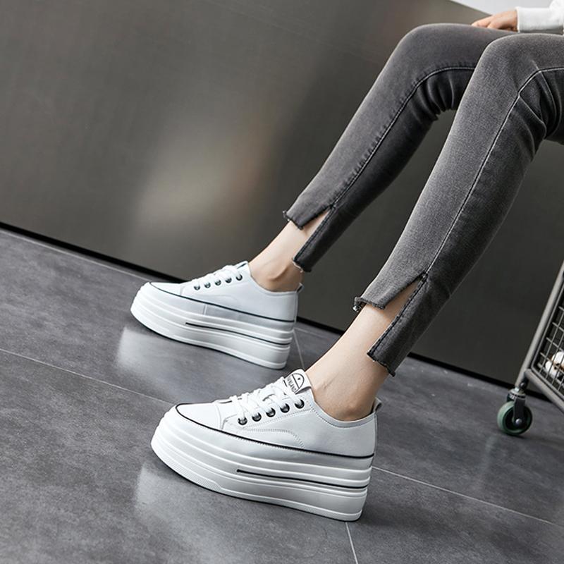 Spring Autumn Flat Platform Genuine Leather Shoes Women Fashion Sneakers Black White Height Increasing Shoes 8cm
