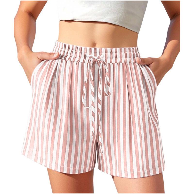 Summer Fashion Women's New Striped Printed Lace-up Casual Shorts