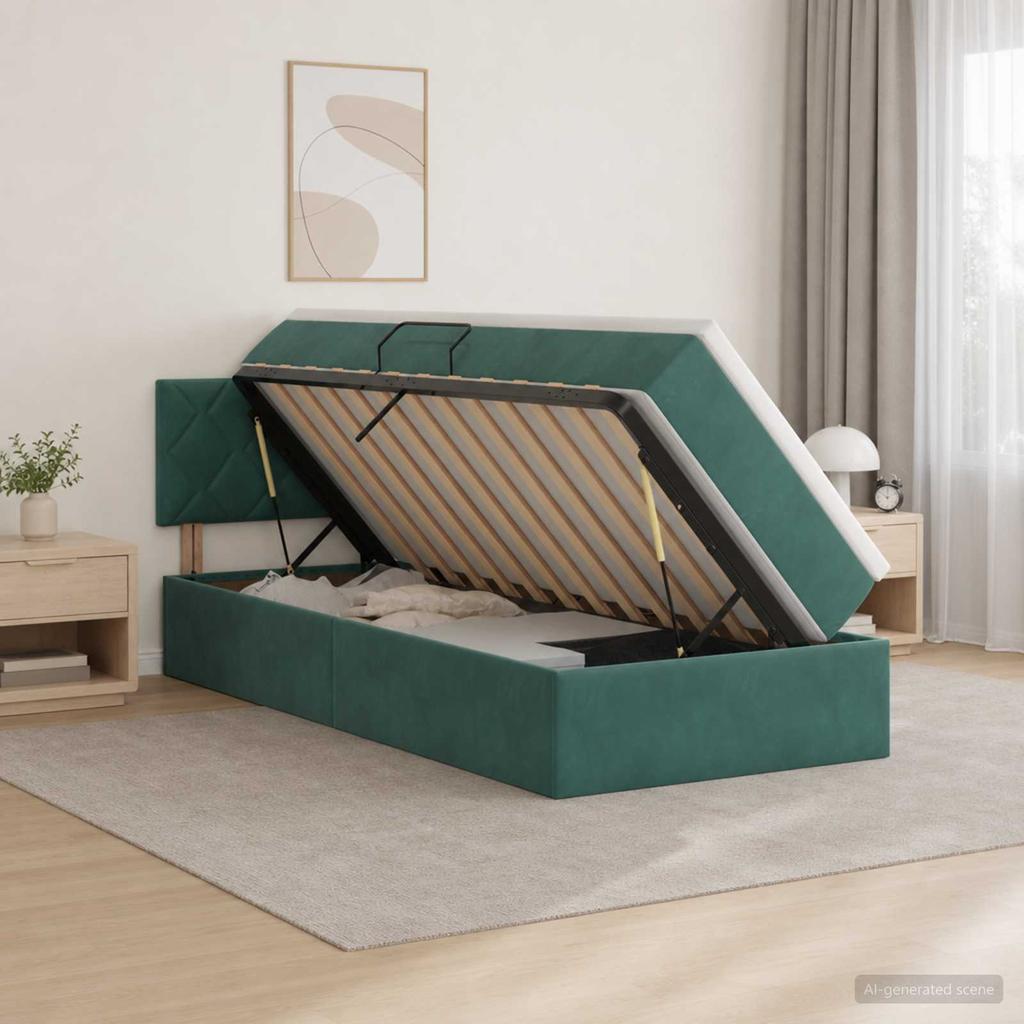 LED Storage Bed with Mattress Dark Green 90 X 200 Cm Velvet
