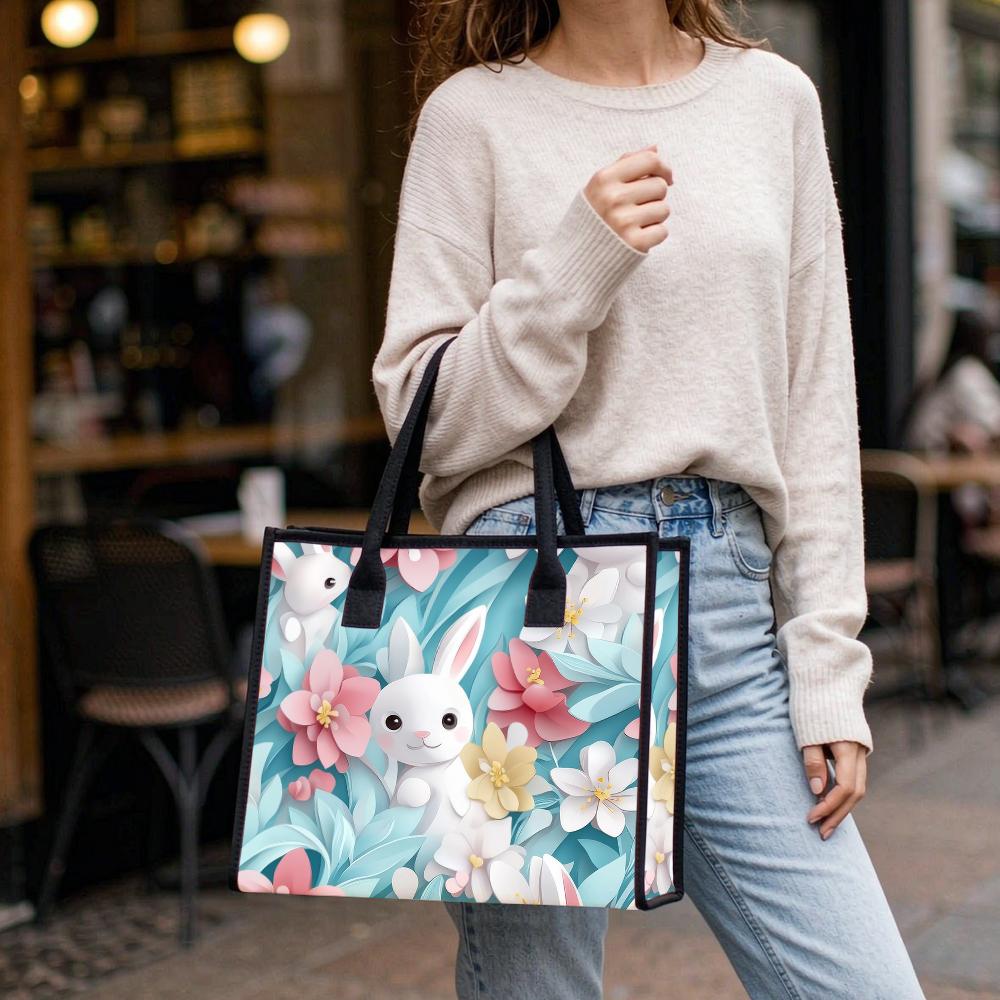 Cute Rabbit Floral Printed Casual Portable Lightweight Tote Bag for Daily Use