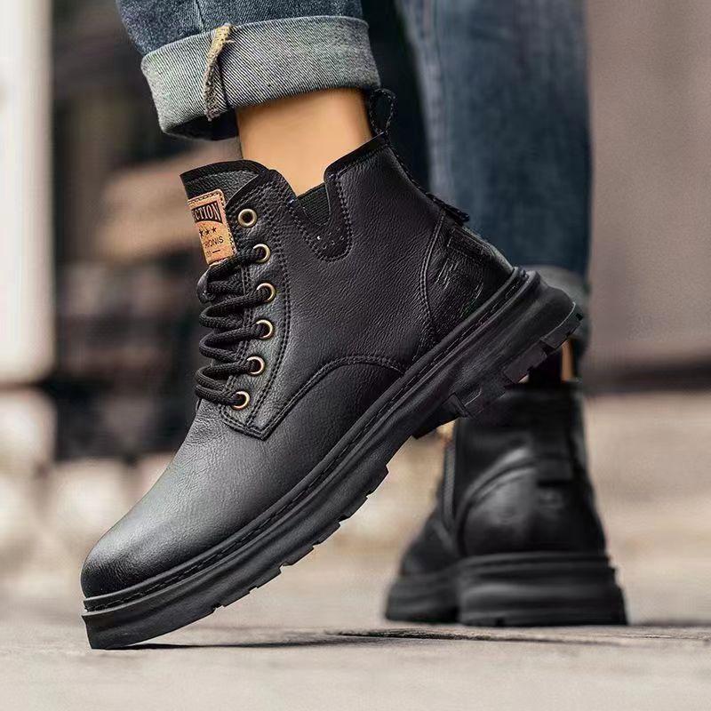 Bottes Martin en Cuir Doublées de Polaire Automne/Hiver 2025 - Chaussures Décontractées Hautes Résistantes à la Saleté pour Hommes