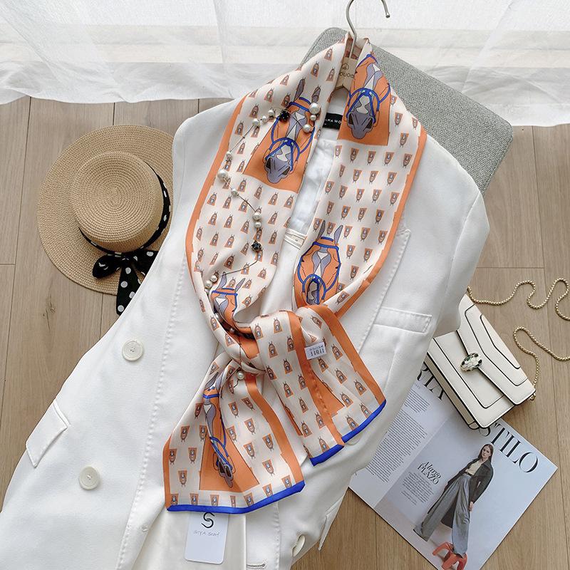 Ins Style Minimalist Double-Sided Striped Simulated Silk Long Scarf Satin Double Layered Scarf French Elegant Retro Headband