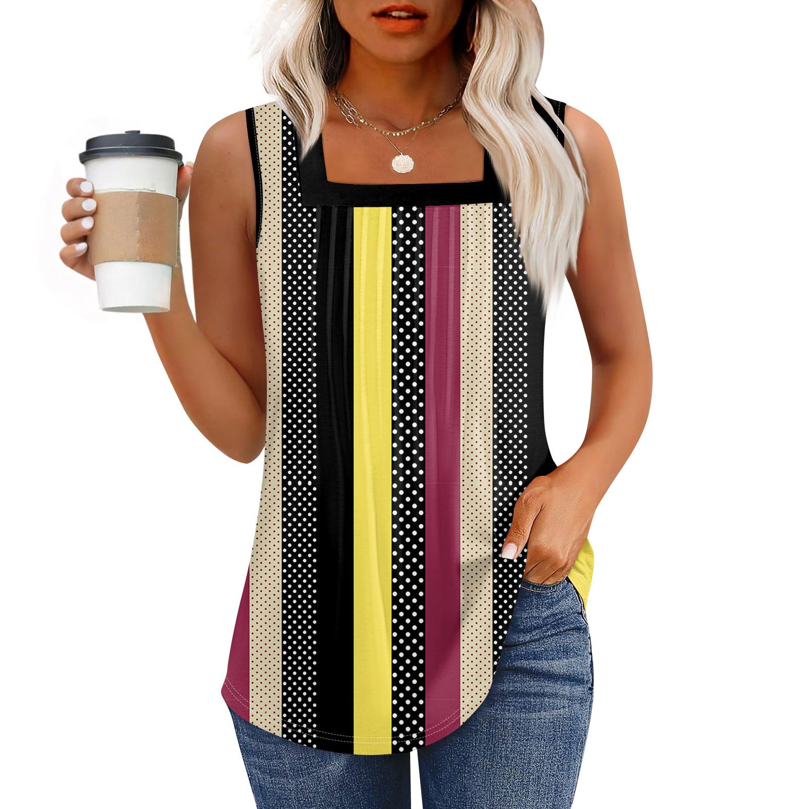 

Майка для женщин Летние наряды Без рукавов Блузки с принтом Повседневные свободные рубашки Плиссированные квадратные вырезы XL жёлтый