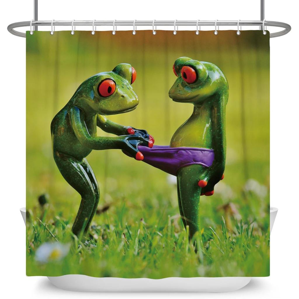 Funny Frog Cartoon Shower Curtain Sets Leaf Animal Creative Children Bathroom Decor Waterproof Fabric Home Hooks Bath Curtains