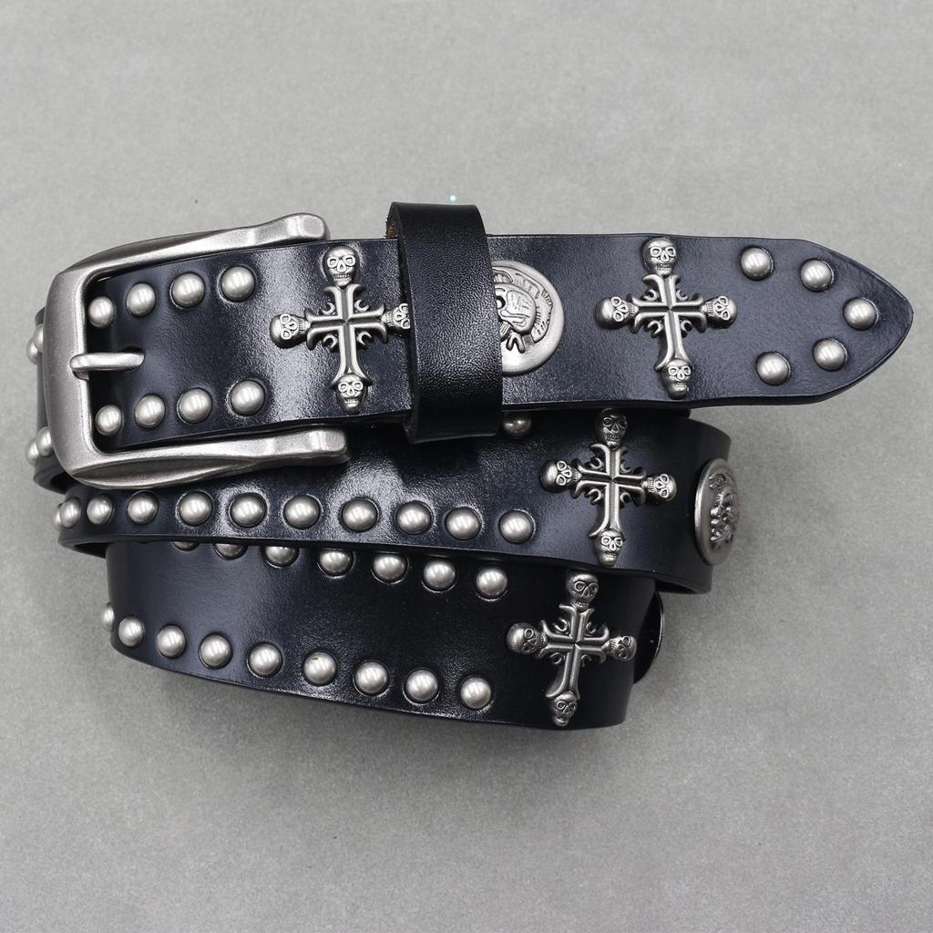 Unisex Y2K Punk Totenkopf Nieten Gürtel - Rindsleder, Nachtclub Stil