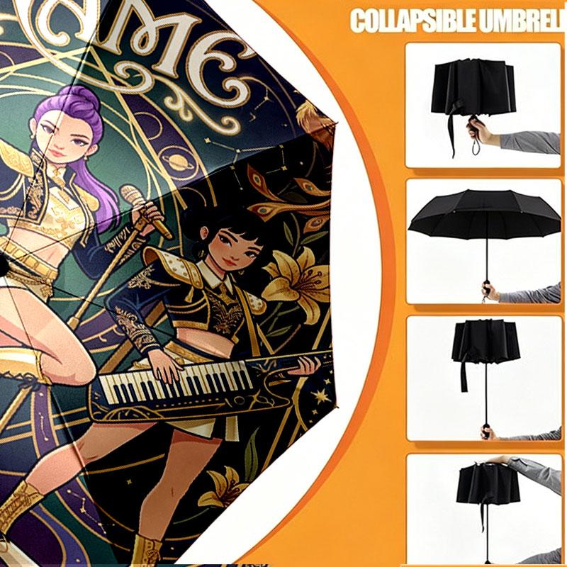 Custom Name Personalized Kpop Demon Hunter Print Umbrella, Auto Open Close, 8‑Rib Sturdy Frame, Commute Camping Hiking Use, Birthday Gift