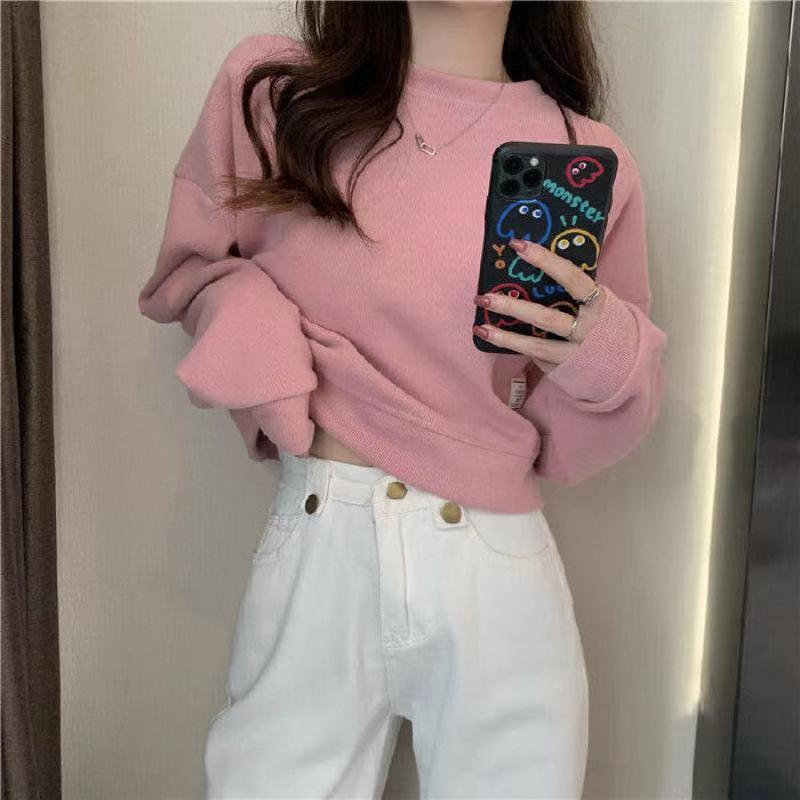 

2024 Женские свободные однотонные толстовки в корейском стиле: Универсальные топы с длинными рукавами для весны и осени