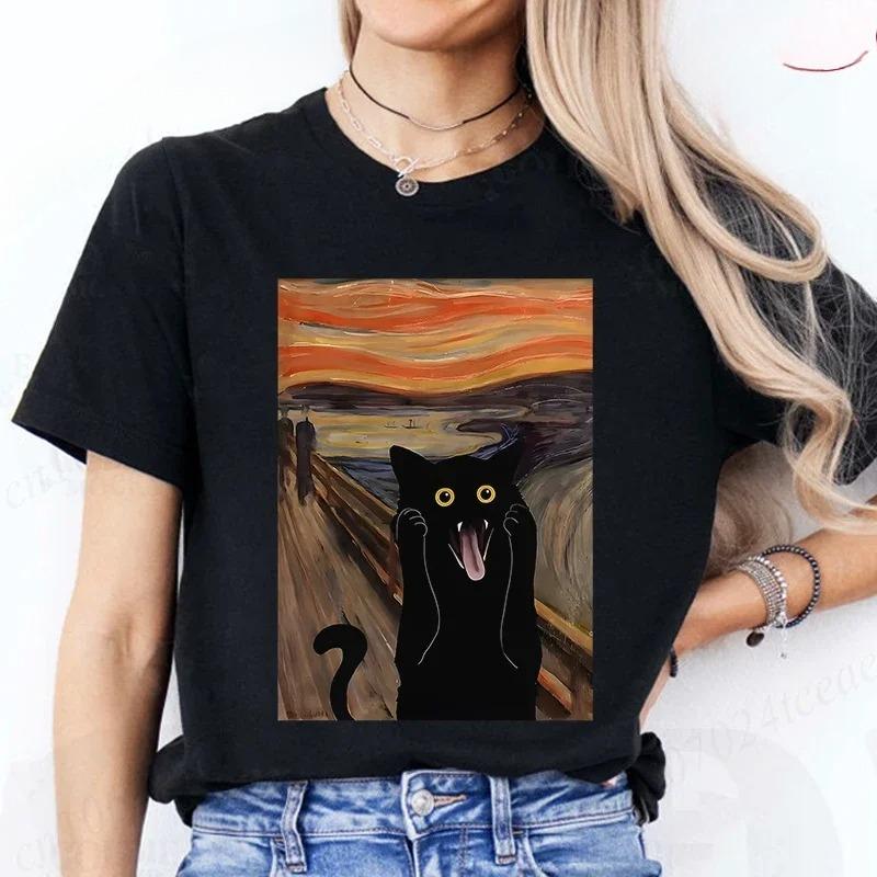 2026 New Model Scared Cat Print Clothes Crew Neck Tshirt Casual Short Sleeve Top for Summer Y2k Top Fashion Womens Tee Clothin