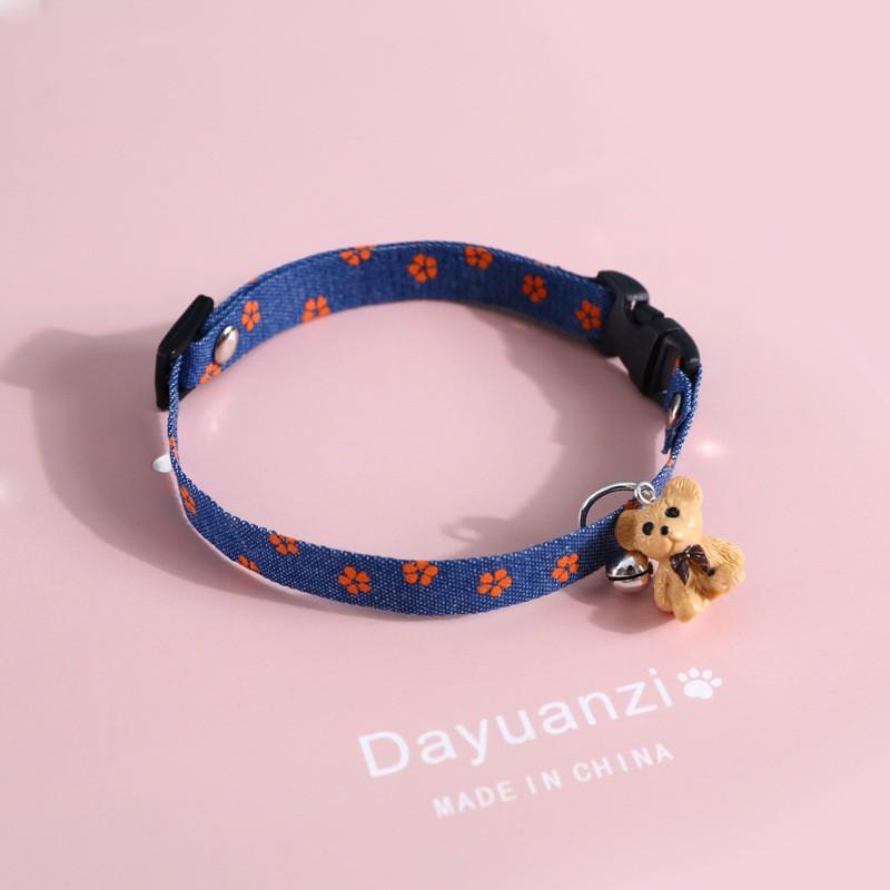 Adjustable Denim Pet Collar With Embossed Star Cherry Bear Pendant Bell Cats Dogs