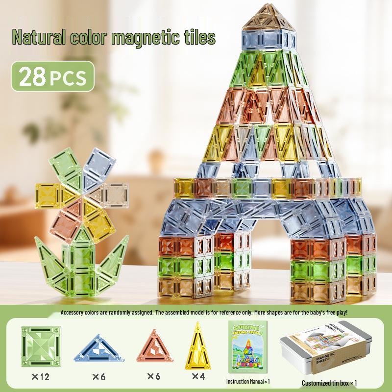 Portable Children's Magnetic Tile Puzzle Toy – Stained Glass Magnetic Building Set in Iron Box