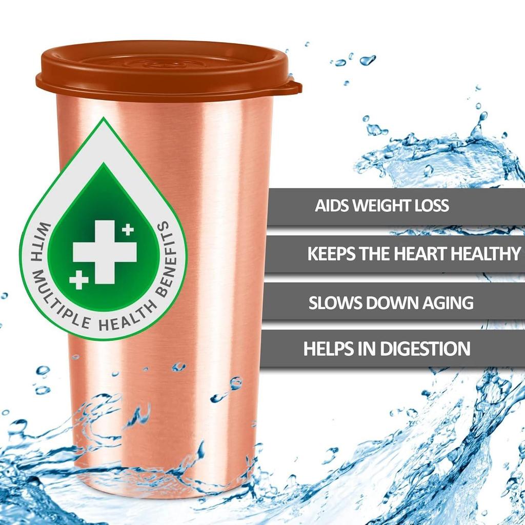 Copper Drinking Water Tumbler with Lid, Set of 6, 480 Ml Each, Copper | 100% Leak Proof | Office | Gym | Yoga | Home | Kitchen | Hiking |