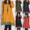 Cozy Women Fall Winter Floral Print Dress Long Sleeve Stylish Patchwork Jumper Top
