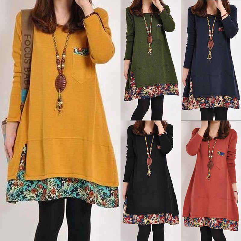 Cozy Women Fall Winter Floral Print Dress Long Sleeve Stylish Patchwork Jumper Top