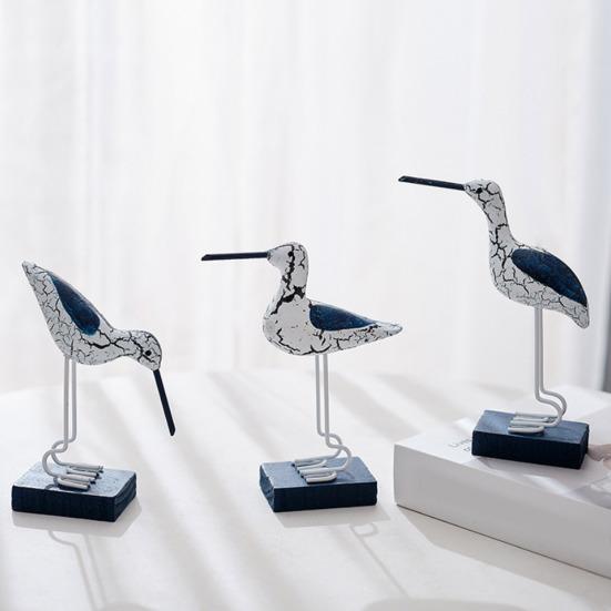 Wooden Seabird Figurine Ornament Desktop Decor with Stable Base Retro Distressed Blue White Coastal Style for Bedroom Living Room Study