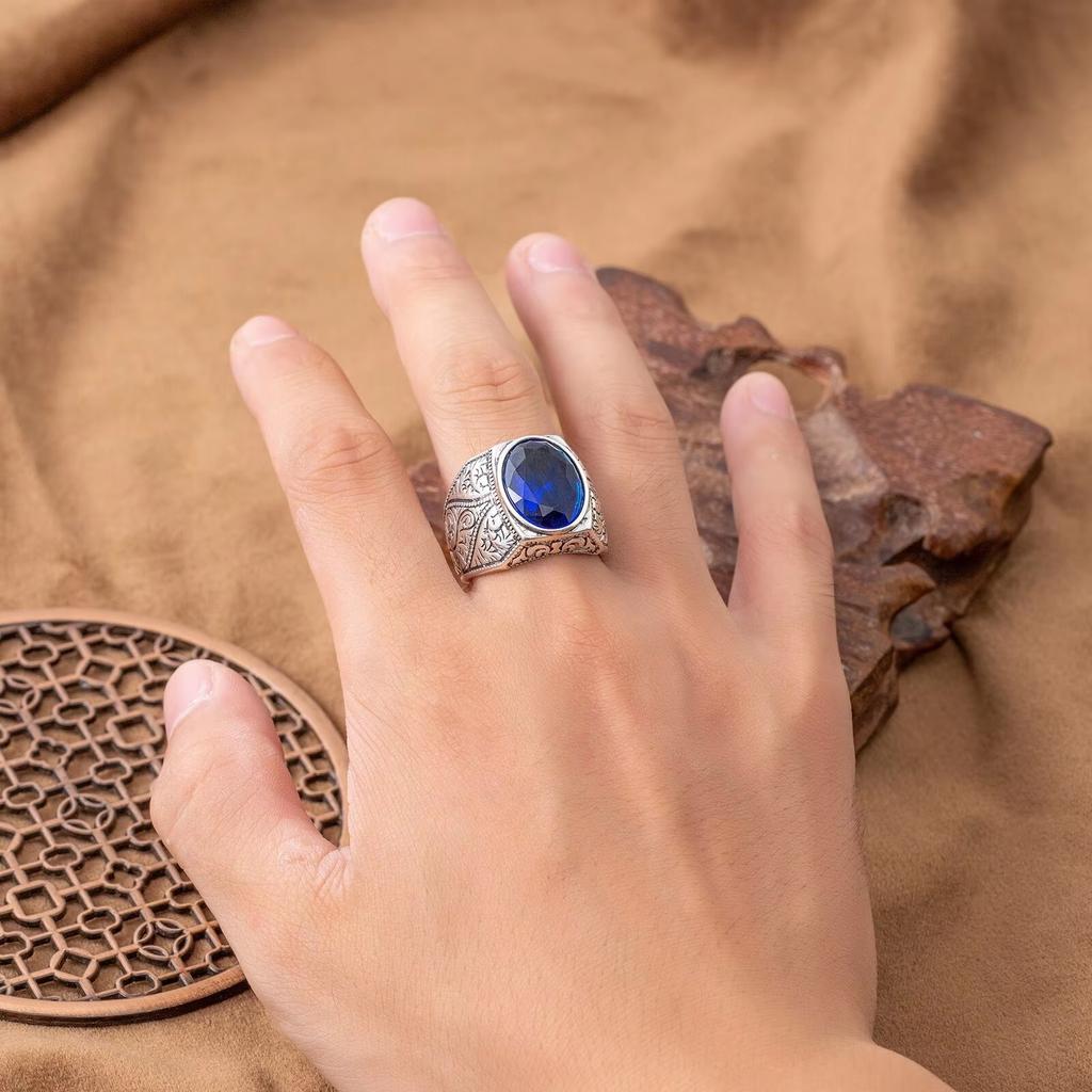 Wholesale Retro Party Jewelry Hot-Selling Cross-Border Turkish Style Oval Sapphire Ring for Men Silver Plated