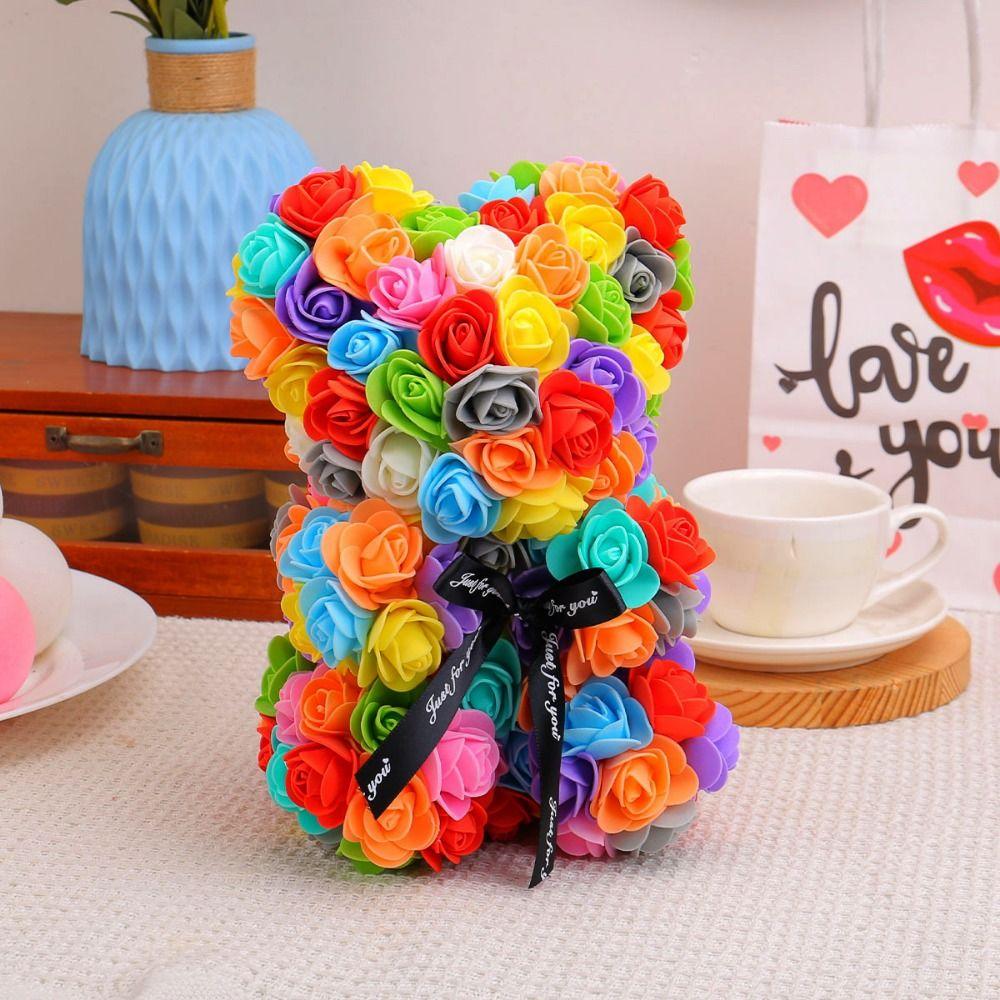 New Multicolors Artificial Flower 15*15*22cm/16*16*24cm Rainbow Eternal Rose Bear Birthday Valentine's Day Flower