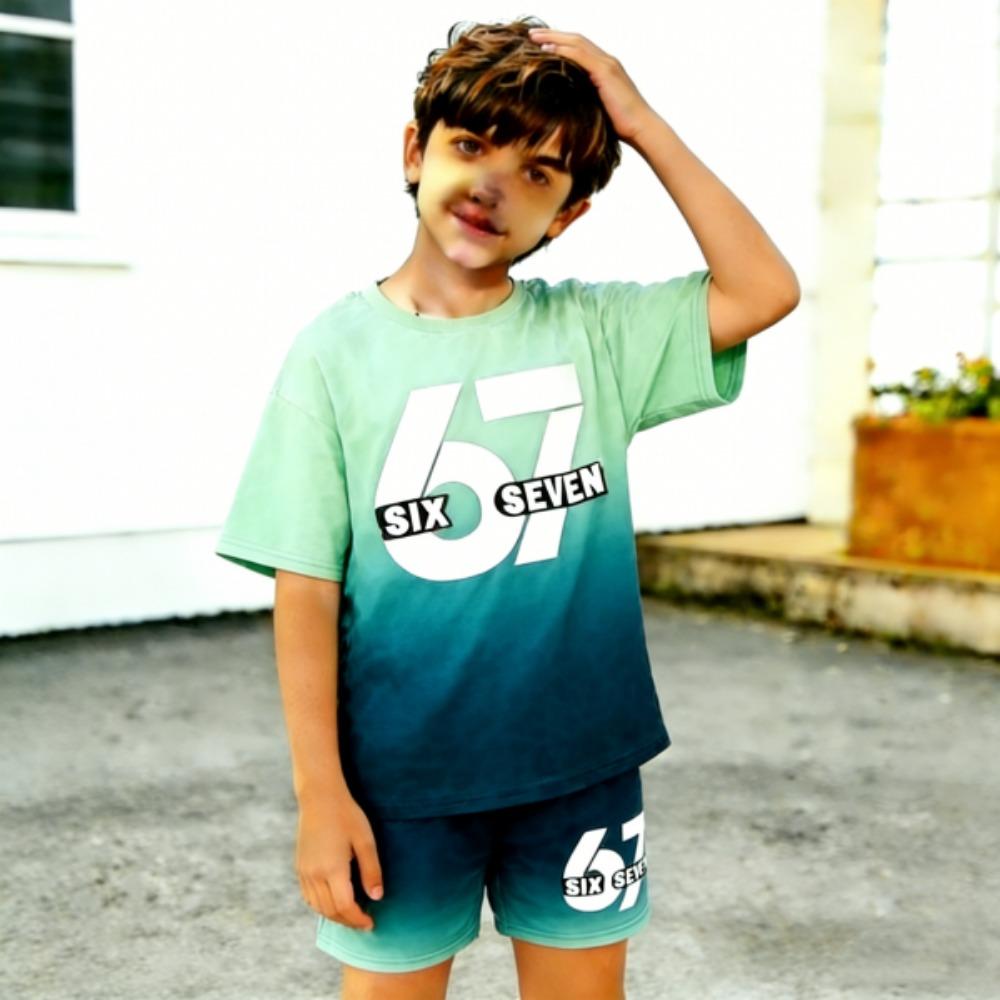 Leopard Gradient 67 Printed Kids T-shirt and Shorts 2 Piece Set Summer Casual Outfit for Boy's and Girl's Kids Clothing Top