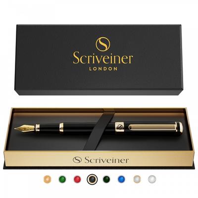 Scriveiner Finest Premium Fountain Pen (Black) Attractive Beauty 24K Gold Finish Schmidt 18K Gold Plated Nib (Fine) Suitable for Men and Women Profess