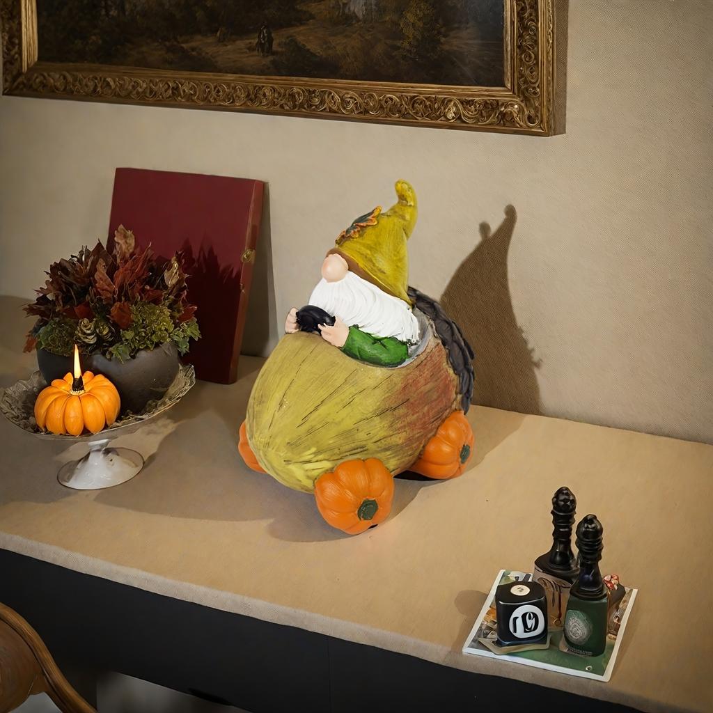 1pc Autumn Harvest Garden Gnome Statue, Pine Cone Cart with Pumpkin Wheel, Decorative Funny Gnome Pine Cone Cart Ornament,Suitable for Yard Lawn Porch