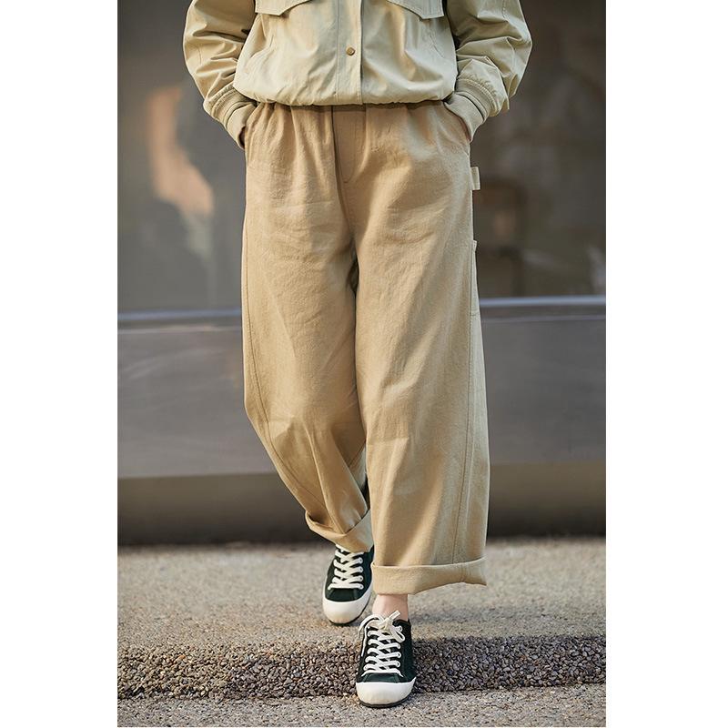 2023 Spring Retro Khaki Linen-Cotton Wide-Leg Pants for Women Large
