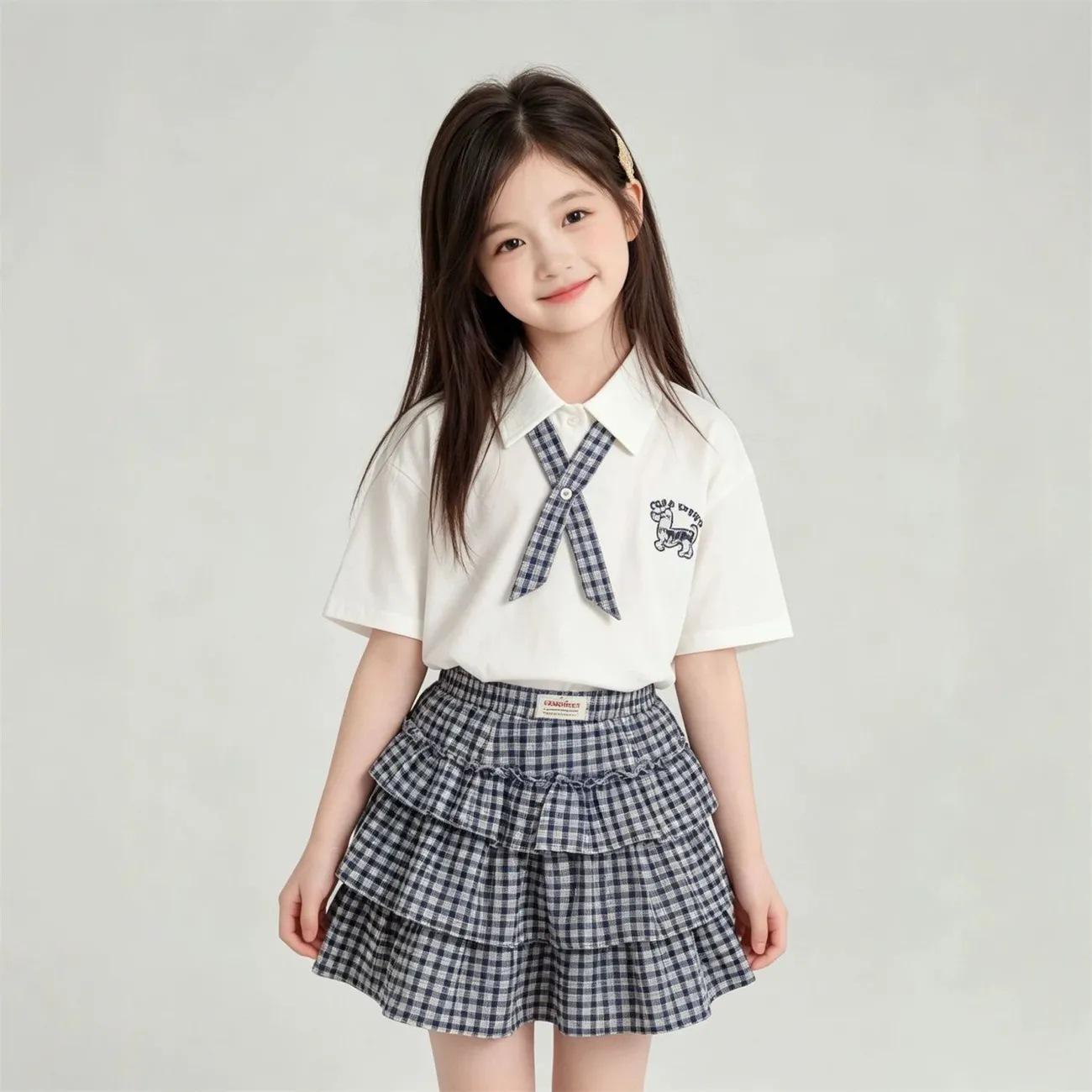 Girls Summer Polo Collar Plaid Skirt Set - Casual Academy Style, Korean Sweet Two-Piece Outfit 160cm