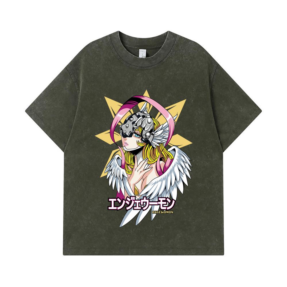 

275 GSM Washed T-shirts 100% Cotton Digimon V5 Angewomon Print Unisex Heavy Cotton T Shirt S армия зеленый