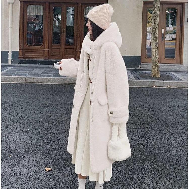Zimní kabát z jehněčí kožešiny pro ženy s kapucí, dlouhá bunda z umělé kožešiny, teplé zahuštěné plyšové svrchní oblečení, roztomilý styl
