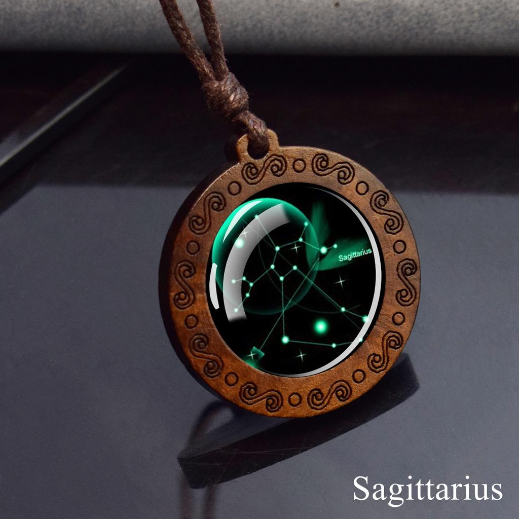 12 Constellation Necklace Starry Sky Zodiac Round Glass Wood Pendant Necklace Birthday Gift Couples Jewelry