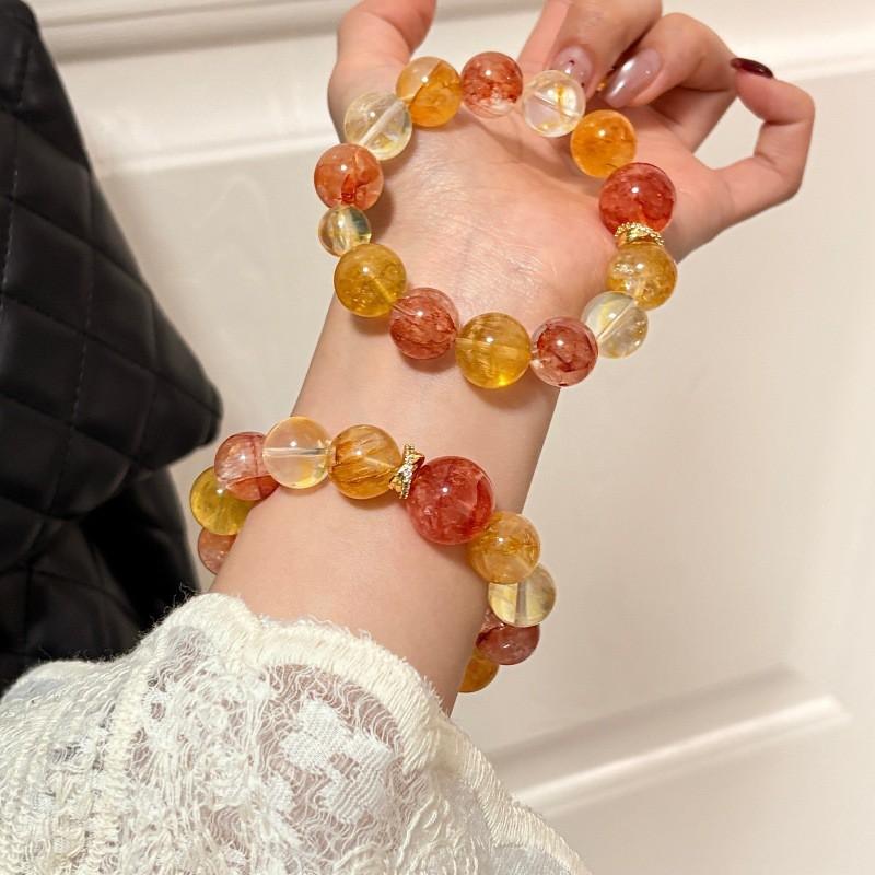 Handmade Natural Yellow Druzy Quartz Fluorite Red Crystal Bracelet Women Original Design High Aesthetic Appeal