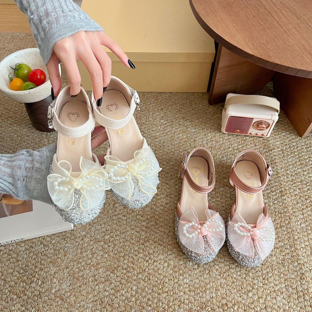 Girls' High-Heeled Closed-Toe Crystal Sandals with Soft Soles - Summer New Princess Leather Shoes.