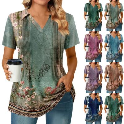 Camisetas femininas de manga curta, plissadas, decote em V, estampa, gola alta, verão, moda, negócios, casual, trabalho