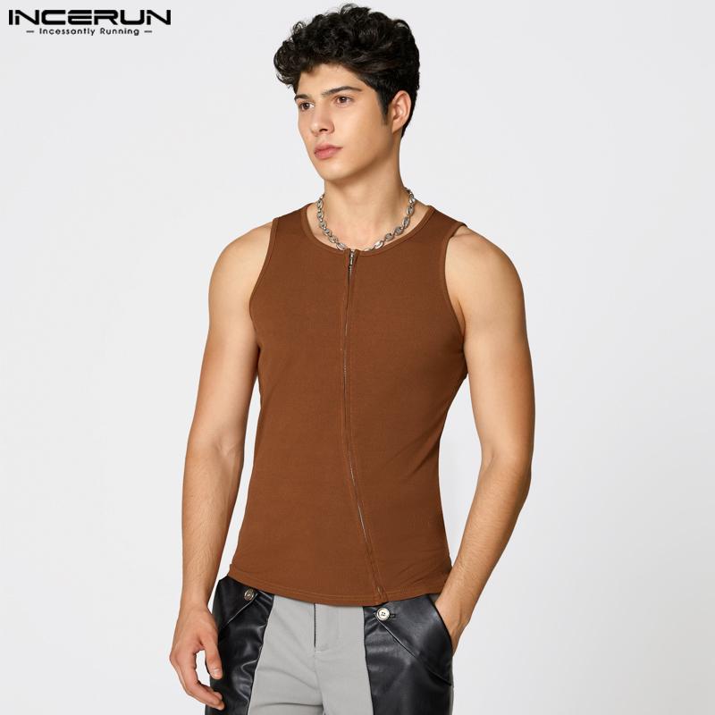 

INCERUN Мужские топы-майки с круглым вырезом, без рукавов, на молнии, повседневные, облегающие, в рубчик, майки-поддевки L