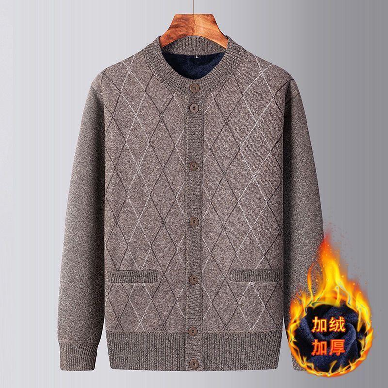 Middle-aged Elderly Autumn Winter Cardigan Sweater Knitted Men's Velvet Knitted Sweater Thickened Coat Top to Keep Warm