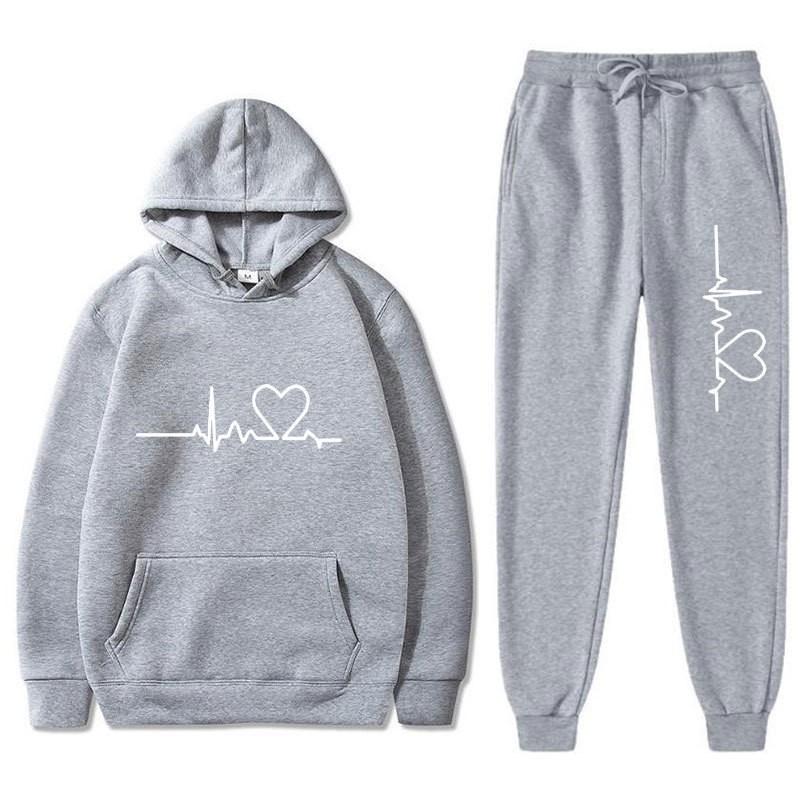 Unisex Oversized Hooded Sweatshirt Set With Heart Print Fleece Lined Casual Sportswear Fall