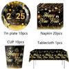 New Years Eve Tableware 2025 Black Gold Theme Balloon Package Cup Napkin Tablecloth Banner Balloon Happy New Year Party Supplies
