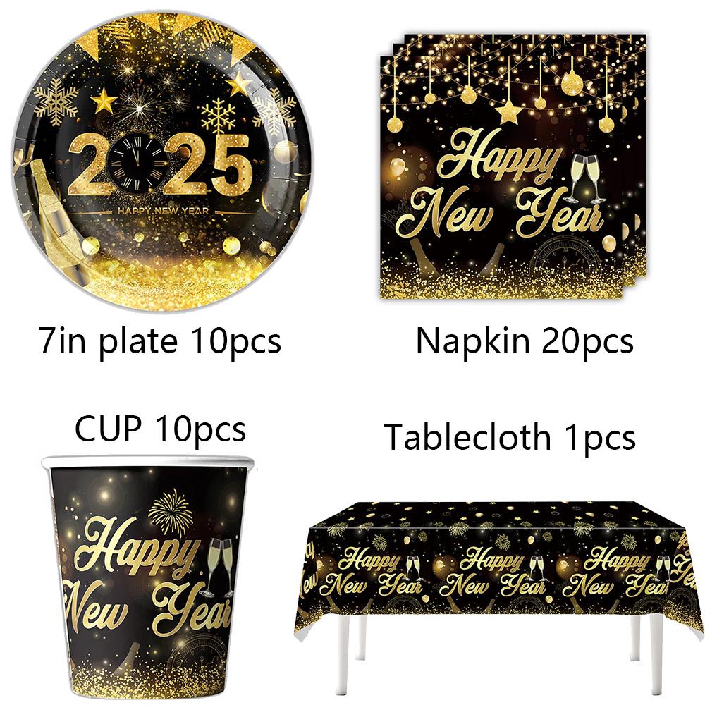New Years Eve Tableware 2025 Black Gold Theme Balloon Package Cup Napkin Tablecloth Banner Balloon Happy New Year Party Supplies
