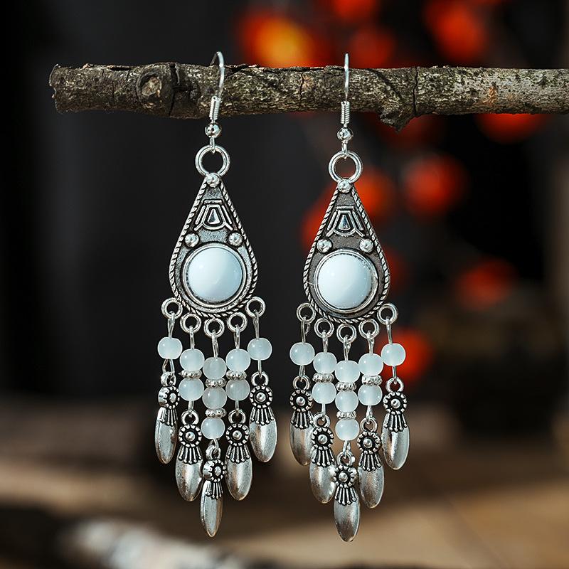 White Enamel Peacock Water Drop Feather Earrings for Women Ethnic Elegant Long Crystal Rhinestone Earring Boho Vintage Jewelry