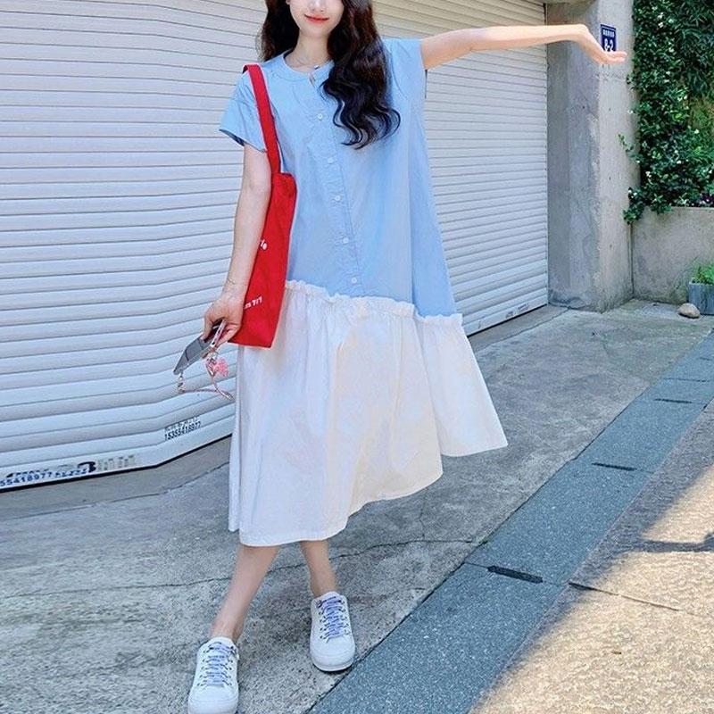 Casual Korean Short Sleeve Long Dress Summer Basic Patchwork Female Clothing Fashion Asymmetrical Loose O-Neck Button Dresses
